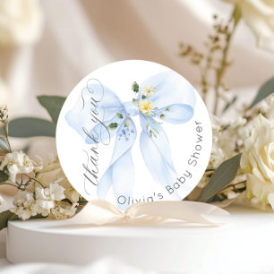 Baby in Bloom Blue Bow Floral Thank you Classic Round Sticker