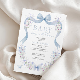 Baby in bloom blue bow wildflower boy baby shower invitation