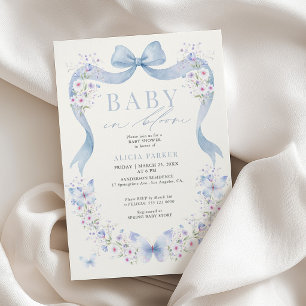 Baby in bloom blue bow wildflower boy baby shower invitation