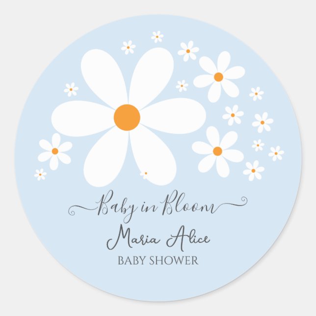 Baby in Bloom Blue Daisy Baby Shower  Classic Round Sticker (Front)