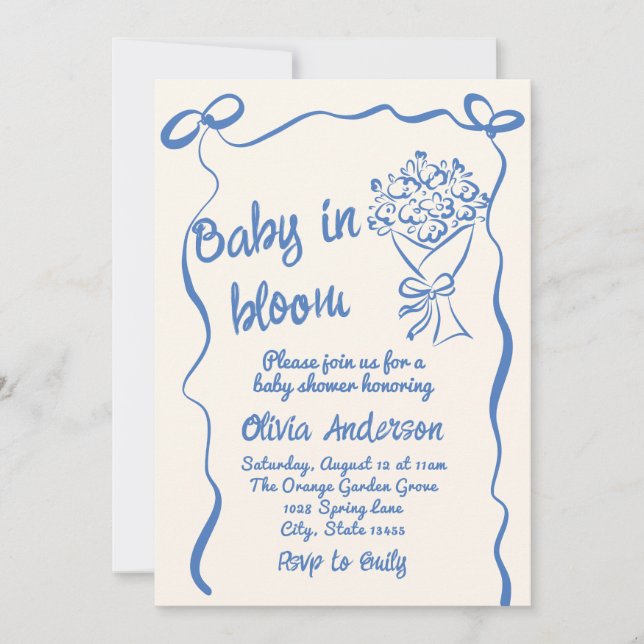 Baby in Bloom Blue Drawn Flower Bouquet Shower Invitation (Front)