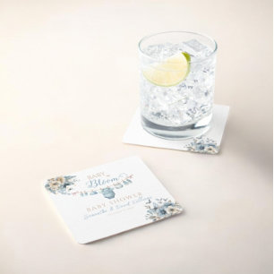 Baby In Bloom Blue Floral Baby Boy Shower Square Paper Coaster