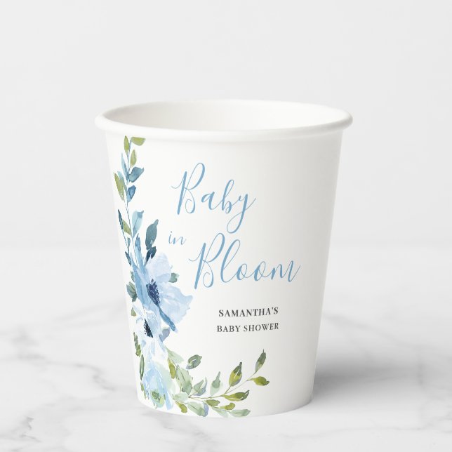 Baby In Bloom Blue Floral Baby Shower Paper Cups (Front)