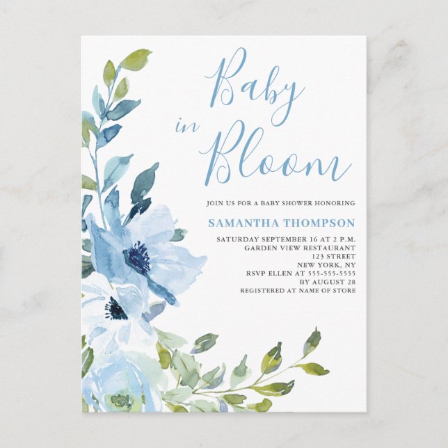 Baby In Bloom Blue Floral Baby Shower Postcard (Front)