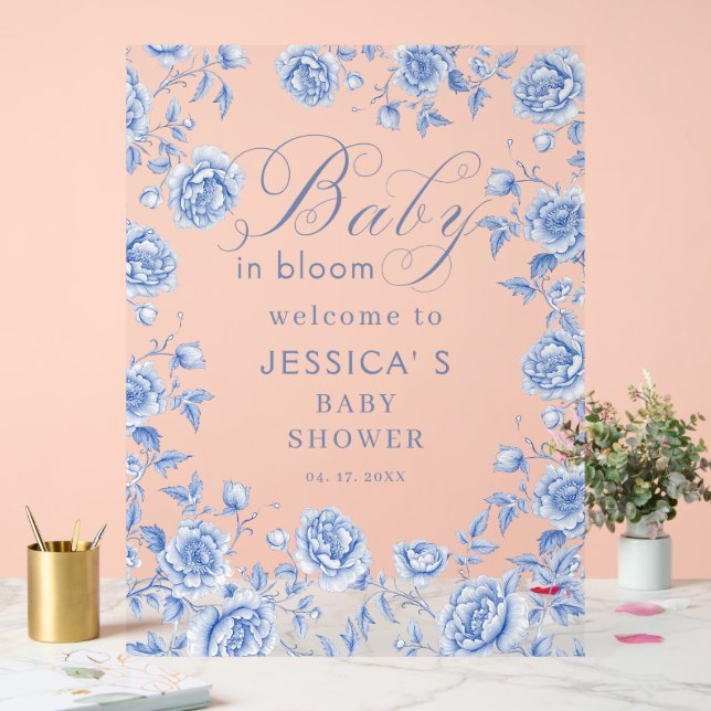 Baby In Bloom Blue Floral Baby Shower Welcome Acrylic Sign (Wedding)