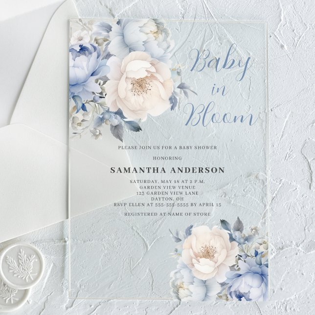 Baby In Bloom Blue Floral Boy Baby Shower Acrylic Invitations (Creator Uploaded)