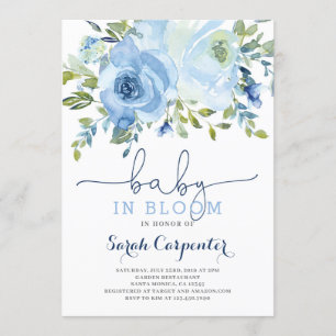 Baby in Bloom blue floral boy invitation