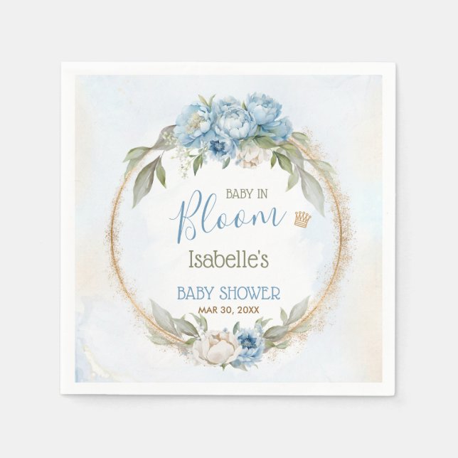 Baby In Bloom Blue Floral Elegant Boy Baby Shower Napkin (Front)