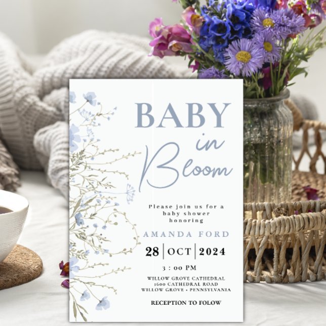 Baby in Bloom blue Floral Wildflowers Baby Shower Invitation (Creator Uploaded)