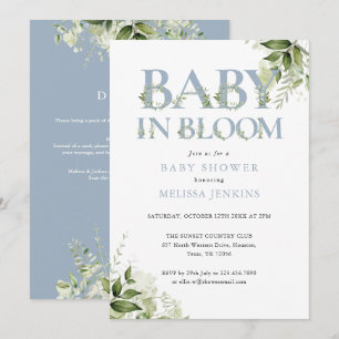 Baby In Bloom Blue Greenery All In One Baby Shower Invitation