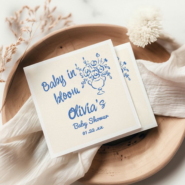 Baby In Bloom Blue Hand Drawn Floral Baby Shower Napkin (Creator Uploaded)