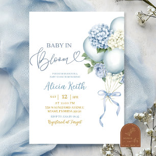 Baby In Bloom Blue Hydrangea Balloon Baby Shower Invitation