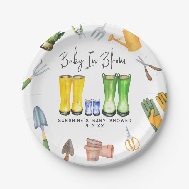 Baby In Bloom Blue Rain Boots Garden Baby Shower Paper Plate (Front)