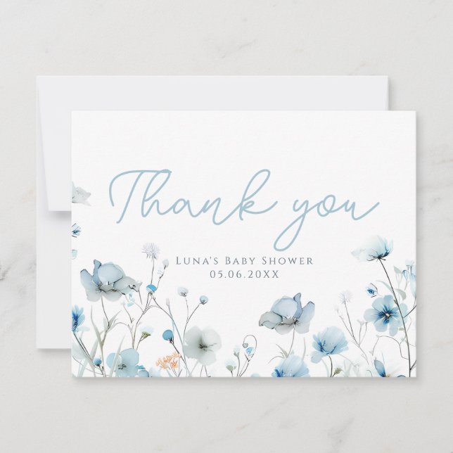 Baby In Bloom blue wildflower boy Baby Shower Thank You Card (Front)