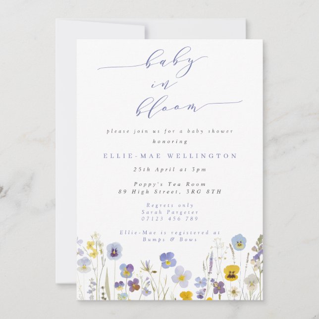 Baby in Bloom Blue & Yellow Pansies Baby Shower Invitation (Front)