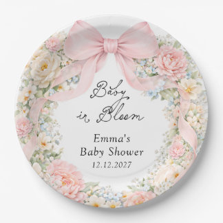 Baby in Bloom Blush Pink Bow Floral Baby Shower Paper Plate