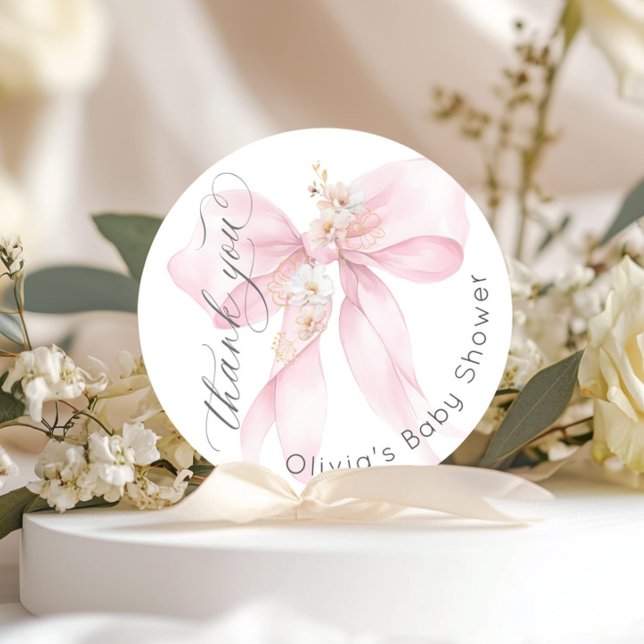 Baby in Bloom Blush pink Bow Floral Thank you Classic Round Sticker (Creator Uploaded)
