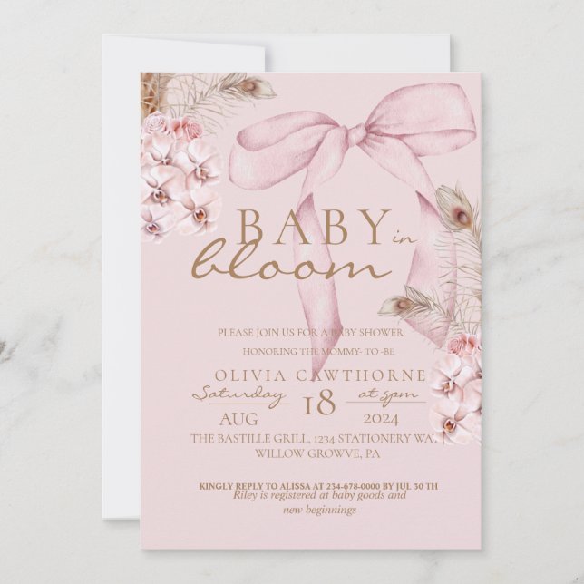  Baby in bloom Blush Pink Floral Bow Baby Shower  Invitation (Front)