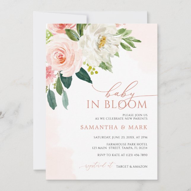 Baby in Bloom Blush Pink Floral Bridal Shower Invitation (Front)