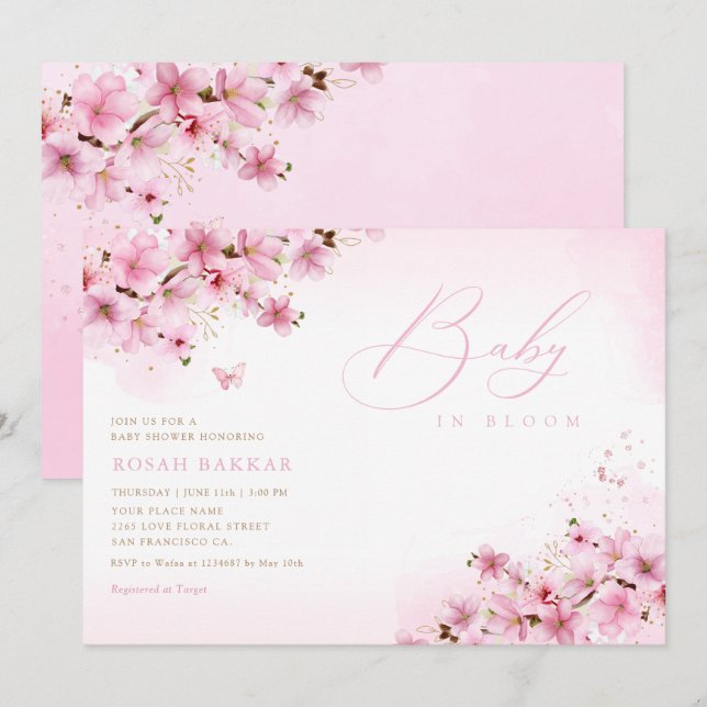 Baby in Bloom Blush Pink Floral Girl Baby shower Invitation (Front/Back)