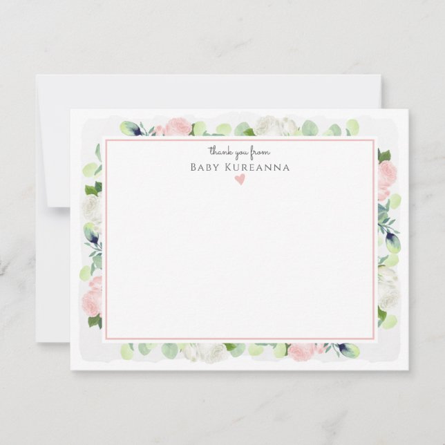 Baby in Bloom Blush Pink Rose Baby Girl Stationery Thank You Card (Front)