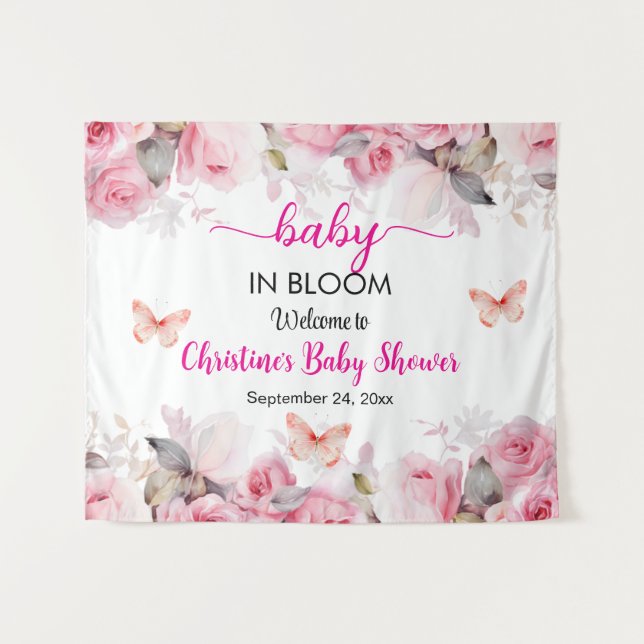 Baby in Bloom Blush Roses Baby Shower Backdrop Tapestry (Front (Horizontal))