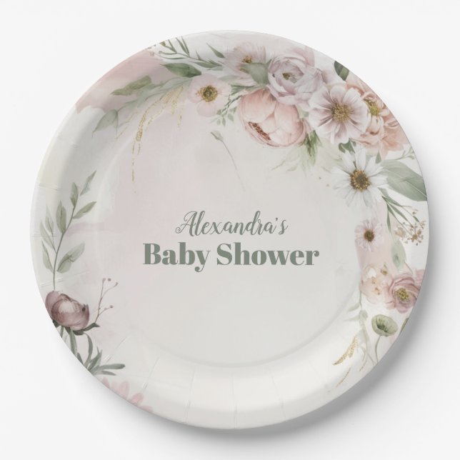 Baby In Bloom Blush Spring Floral Baby Shower Paper Plate (Front)