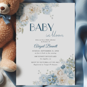 Baby in Bloom Bohemian Blue Rose Baby Shower Invitation