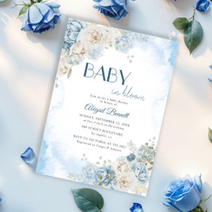 Baby in Bloom Bohemian Blue Rose Baby Shower Invitation