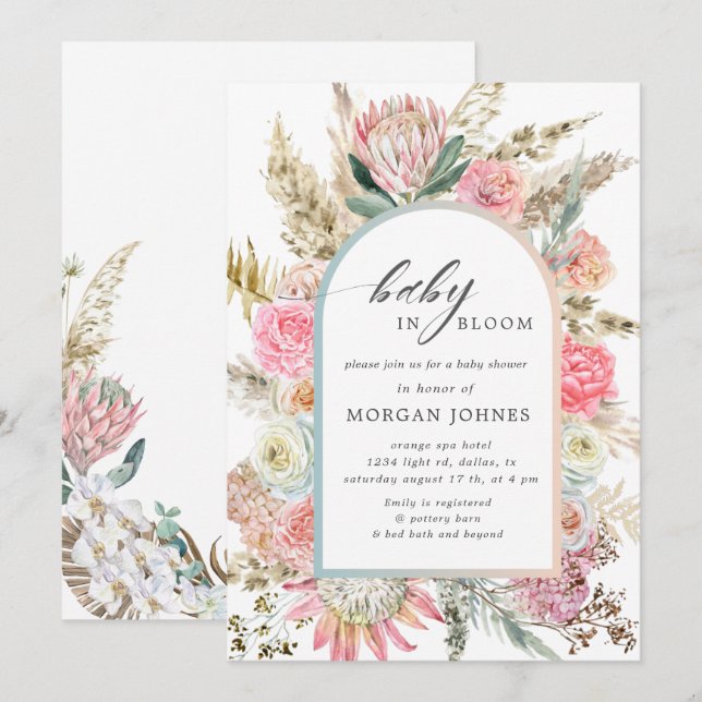 baby in bloom bohemian floral baby shower invite (Front/Back)