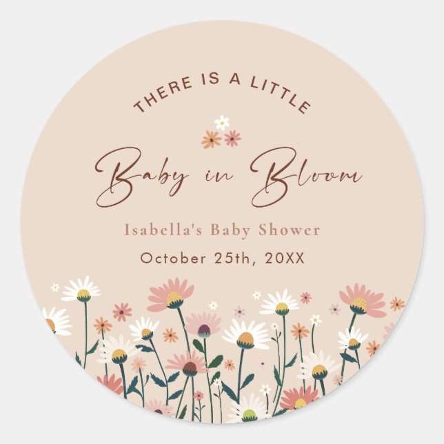 Baby in Bloom Boho Chic Floral Garden Party Shower Classic Round Sticker (Front)