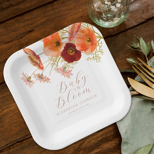 Baby in Bloom Boho Fall Floral Baby Shower Custom Paper Plate (Baby in bloom boho fall floral wildflowers custom baby shower paper plate Watercolor flowers elegant)