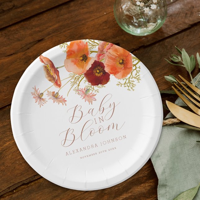 Baby in Bloom Boho Fall Floral Custom Baby Shower Paper Plate (Baby in bloom boho fall floral Baby shower personalized party paper plate Watercolor wildflowers)