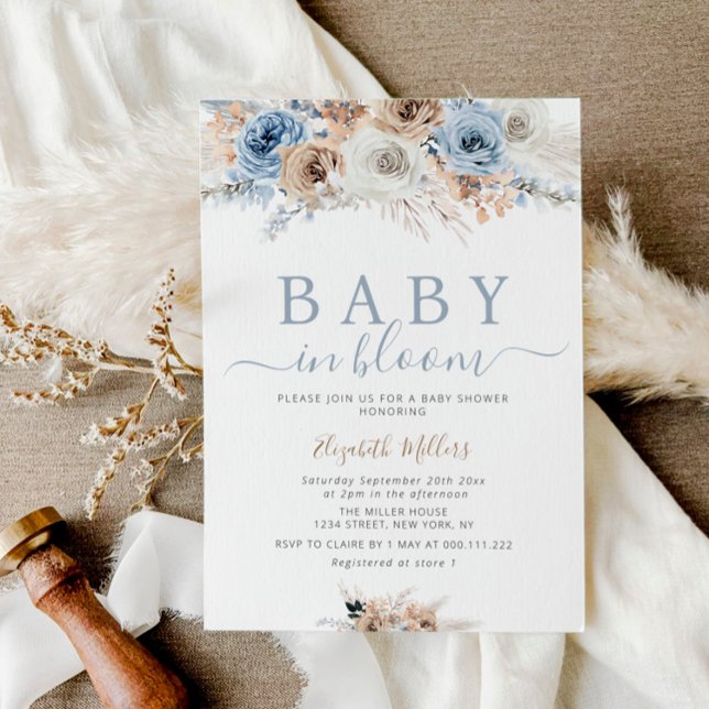 baby in bloom boho floral dusty blue baby shower invitation (Creator Uploaded)