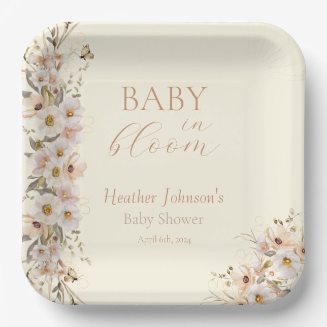 Baby In Bloom Boho Neutral Baby Shower Paper Plate (Front)