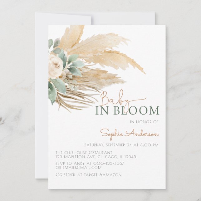 Baby in bloom boho pampas grass baby shower invita invitation (Front)