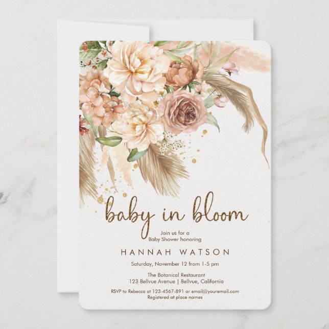 Baby in bloom boho pampas grass girl baby shower invitation (Front)