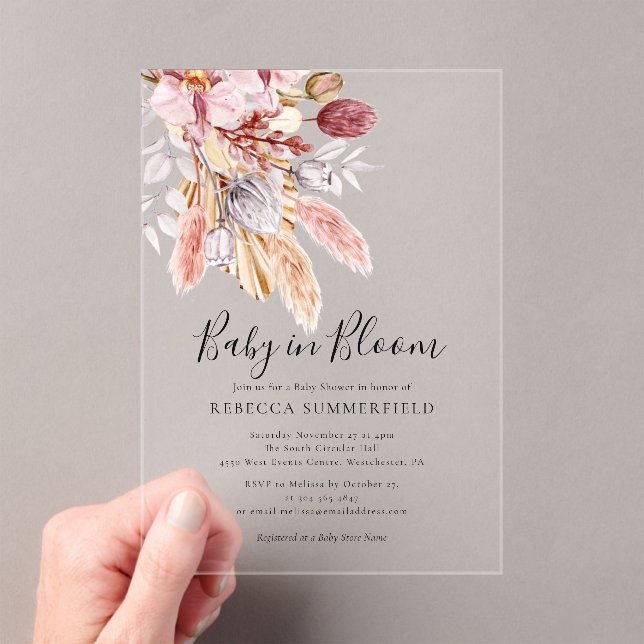 Baby in Bloom Boho Pampas Grass Shower Acrylic Invitations (Insitu (Handheld))