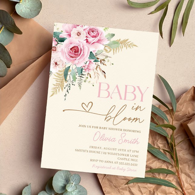 Baby In Bloom Boho Pink Floral Baby Shower Invitation (Creator Uploaded)