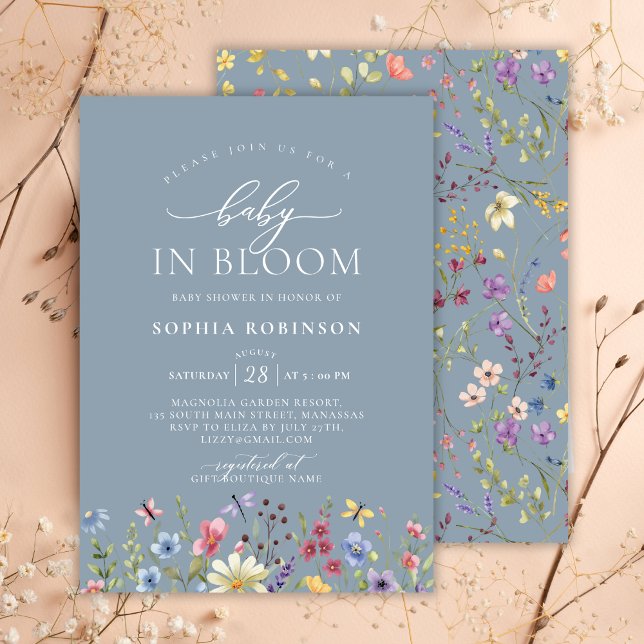 Baby in Bloom Boho Wildflower Blue Baby Shower  Invitation (Creator Uploaded)