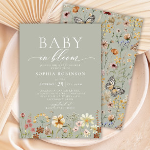 Baby in Bloom Boho Wildflower Green Baby Shower Invitation
