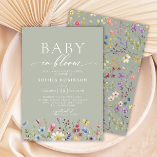 Baby in Bloom Boho Wildflower Green Baby Shower  Invitation