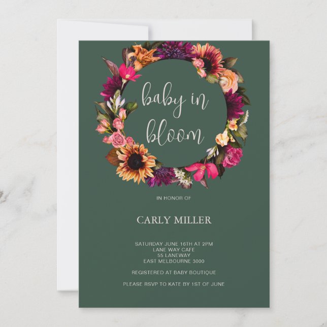 Baby In Bloom Bold Green Floral Baby Shower Invitation (Front)
