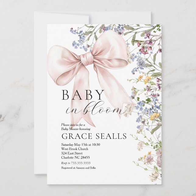 baby in Bloom bow Baby Shower Invitation (Front)