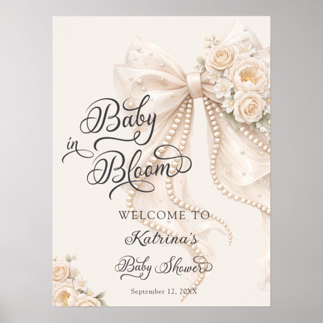 Baby in Bloom Bow Floral Baby Shower Welcome Poster (Front)