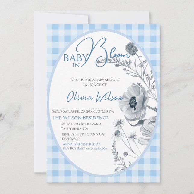 Baby In Bloom Boy Gingham Floral Baby Shower Blue  Invitation (Front)