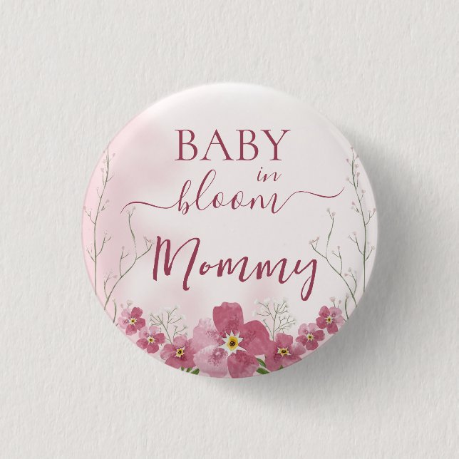 Baby in Bloom Boy Pink Floral Shower Mummy 3 Cm Round Badge (Front)