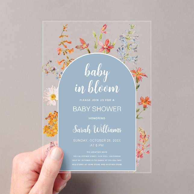 Baby in Bloom Boy Shower Blue Arch Wildflowers  Acrylic Invitations (Insitu (Handheld))