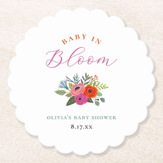 Baby in Bloom Bright Floral Baby Shower Paper Coaster (Front)