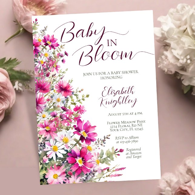Baby in Bloom Bright Pink Floral Girl Baby Shower Invitation (Creator Uploaded)